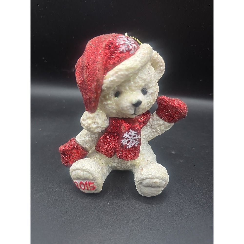 Dandee 2015 White Teddy Bear Christmas Ornament Red‎ Glitter Hat Scarf    #11